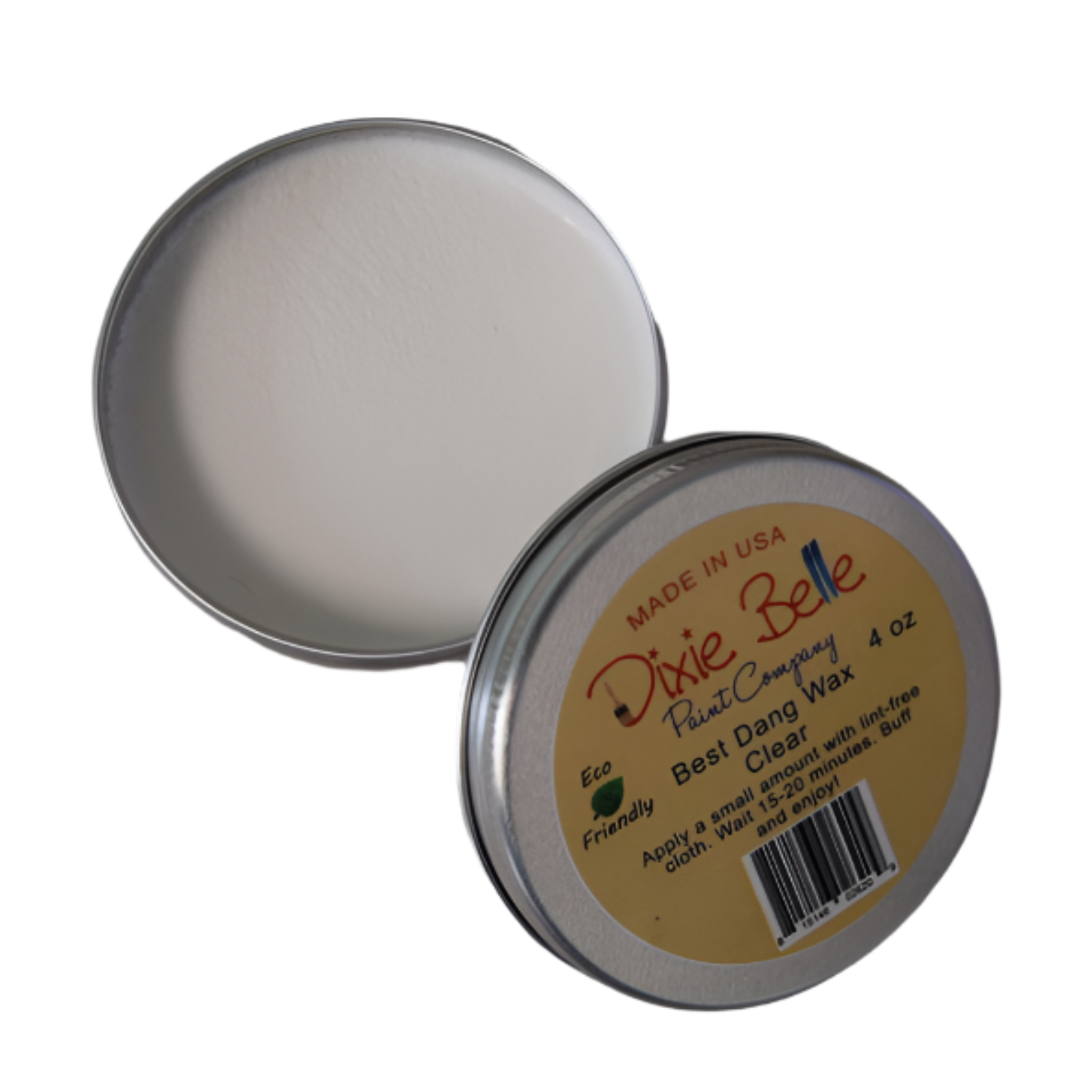 An open tin of Dixie Belle Paint's 4 ounce Clear Best Dang Wax is against a white background.