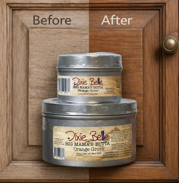 Two containers of Dixie Belle Big Mama's Butta Orange Grove on a wooden surface with 'Before' and 'After' labels.
