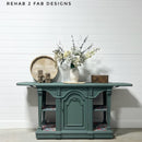 A vintage console table refurbished by Rehab 2 Fab Designs is painted in Dixie Belle's Blue Grass Chalk Mineral Paint.