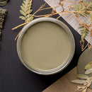 An arial view of an open container of Dixie Belle Paint Company's Thicket Chalk Mineral Paint is on a black table with other items.