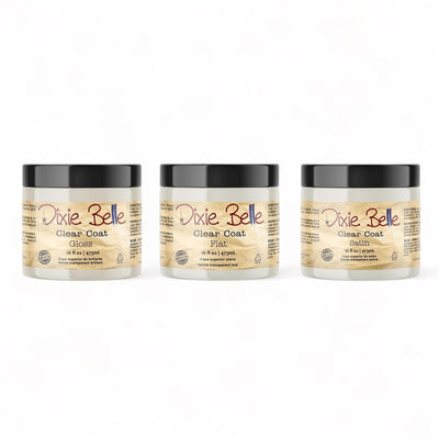 Three 16 oz containers of Dixie Belle's Clear Coat in gloss, flat, and satin finish are against a white background.