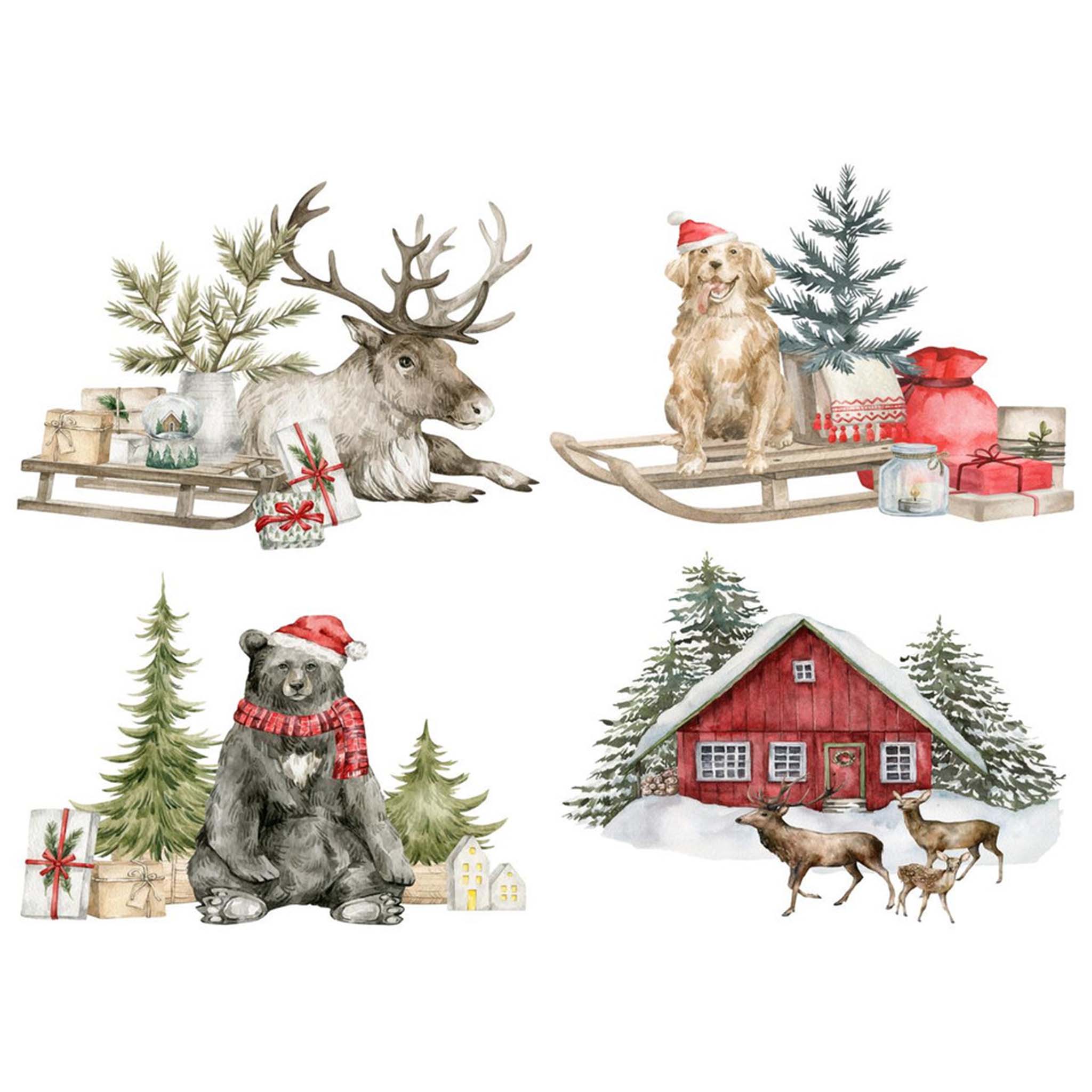 A4 rice paper designs against a white background that feature four illustrations of animals in Christmas scenes - a bear, dog, group of deer, and reindeer.