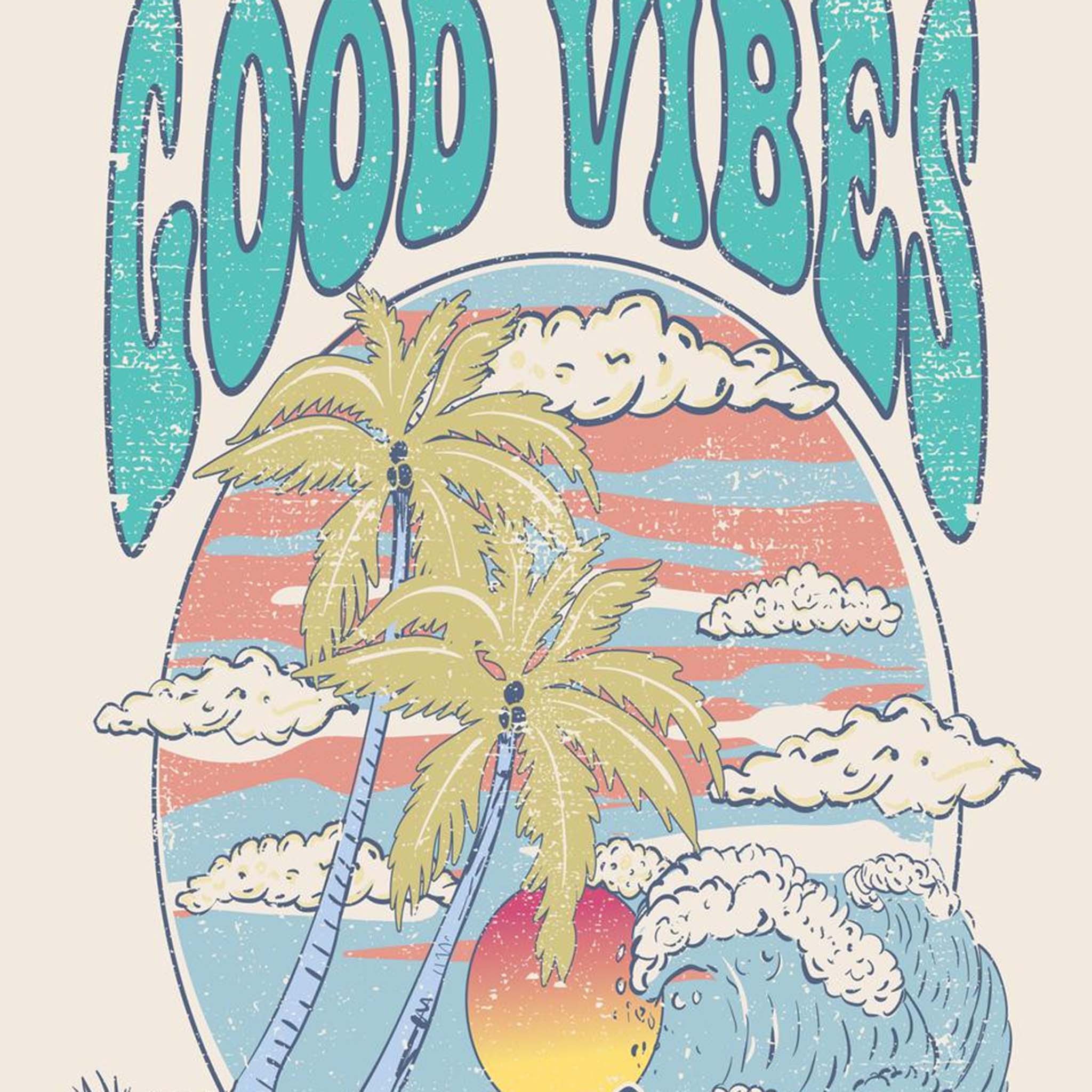 Close-up of an A4 rice paper design featuring the words Good Vibes and Endless Summer surrounding a sun kissed scene with palm trees and a setting sun.