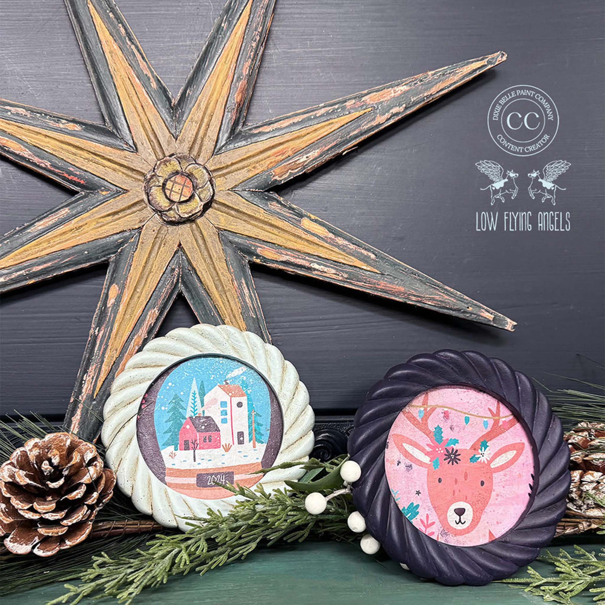 Two coasters created by Low Flying Angels feature Belles & Whistles' Jolly Jingles A4 rice paper on them.