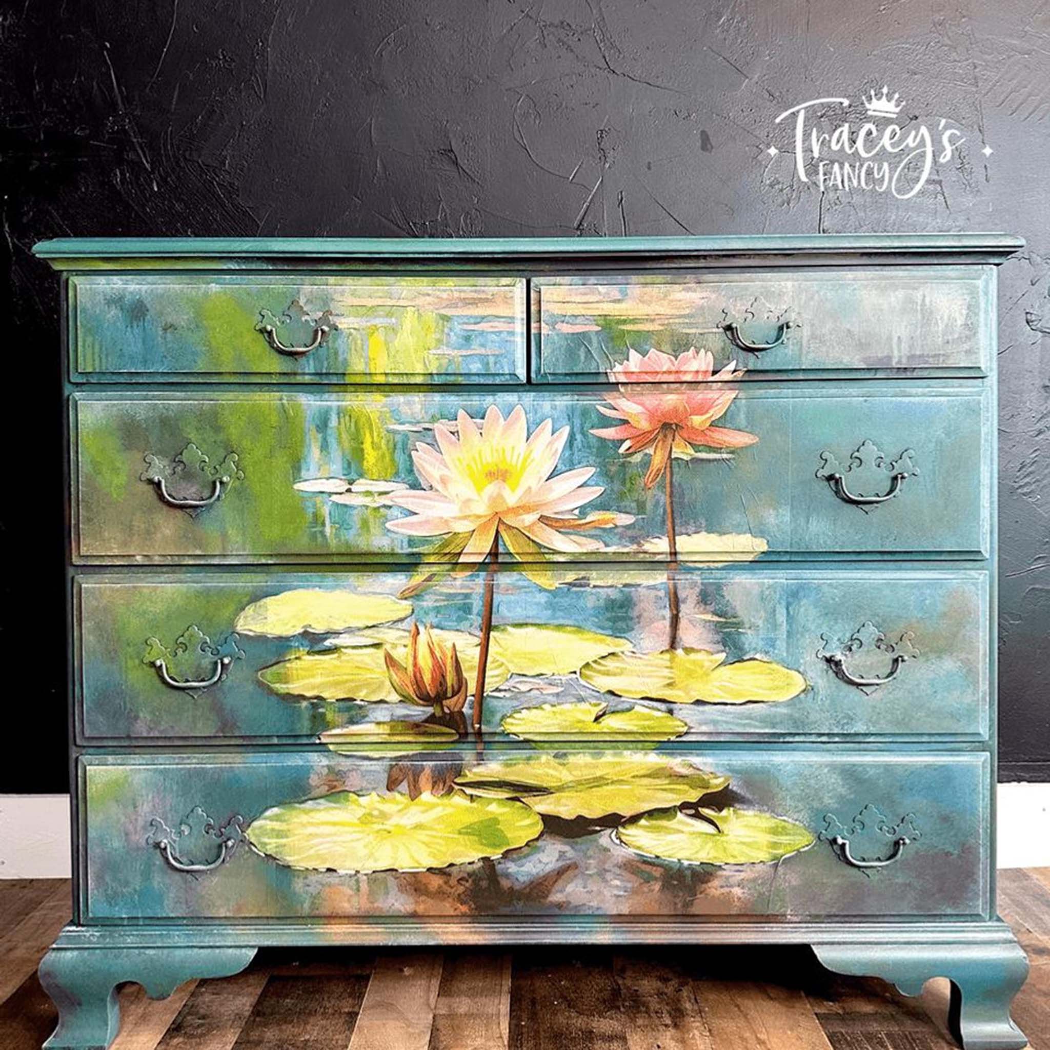 A vintage 5-drawer dresser refurbished by Tracey's Fancy is painted green-blue and features Belles and Whistles' Lily Pad A1 rice paper on the front.