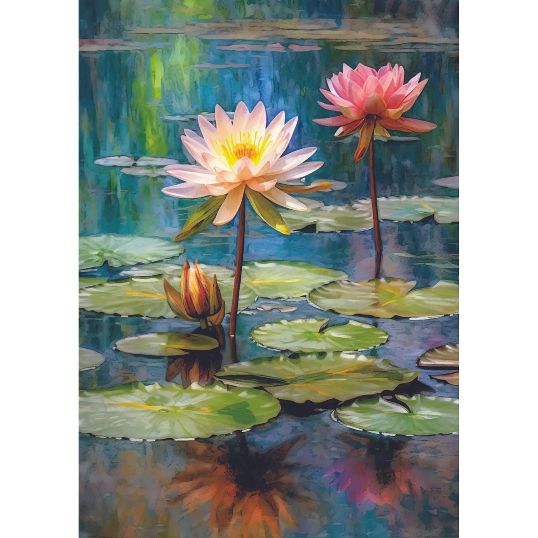 A1 rice paper design featuring two blooming pink water lilies among a sea of lily pads. White borders are on the sides.