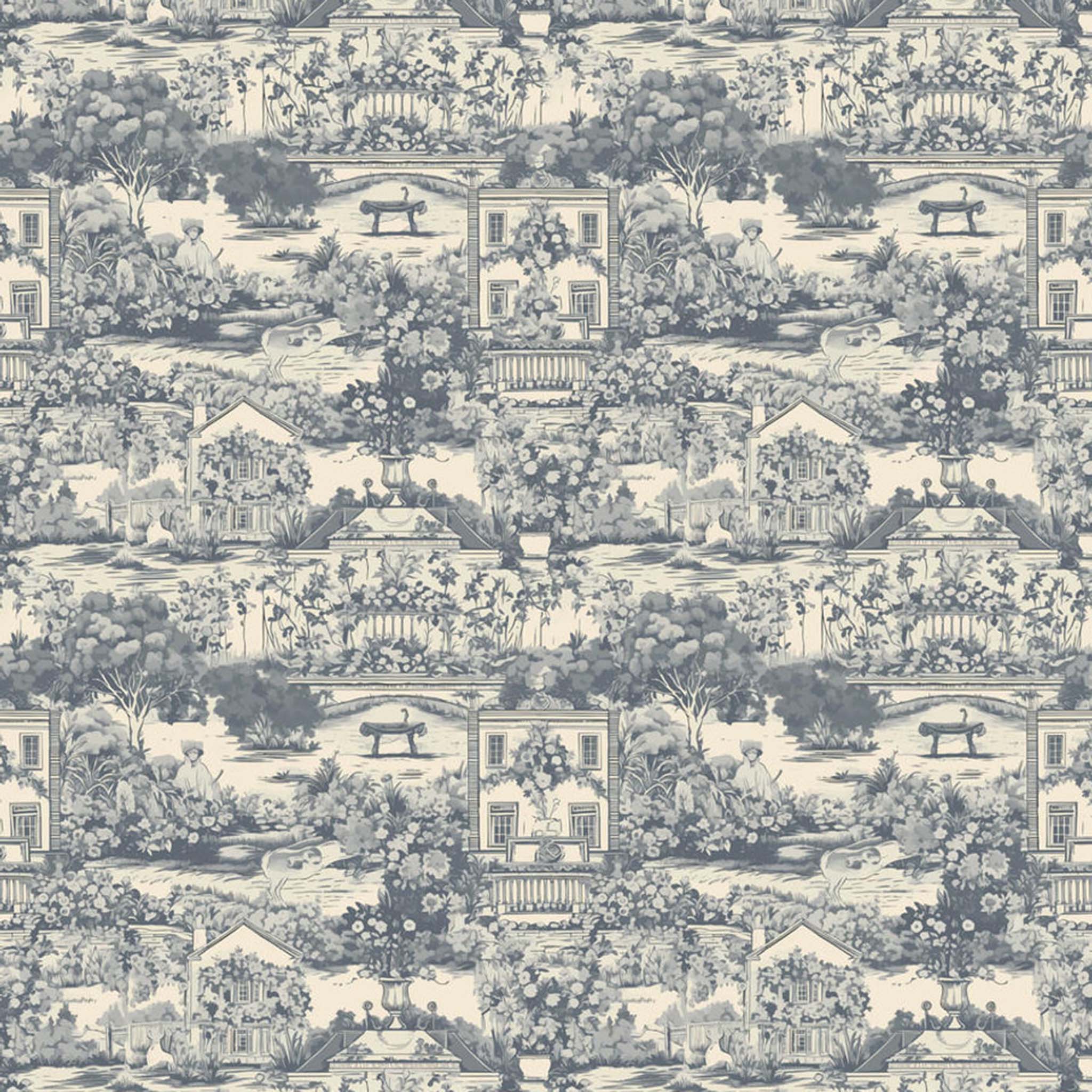 Close-up of an A3 rice paper that features a faded blue floral toile pattern with charming houses and gardens.