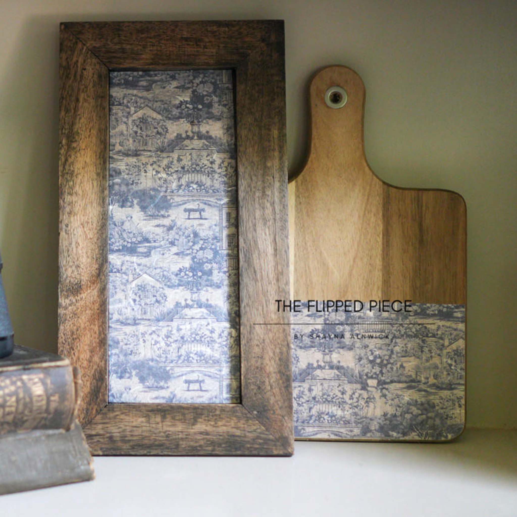A wood cutting board and cabinet door decor refurbished by The Flipped Piece features Belles and Whistles' Ming Vase A3 rice paper on them.