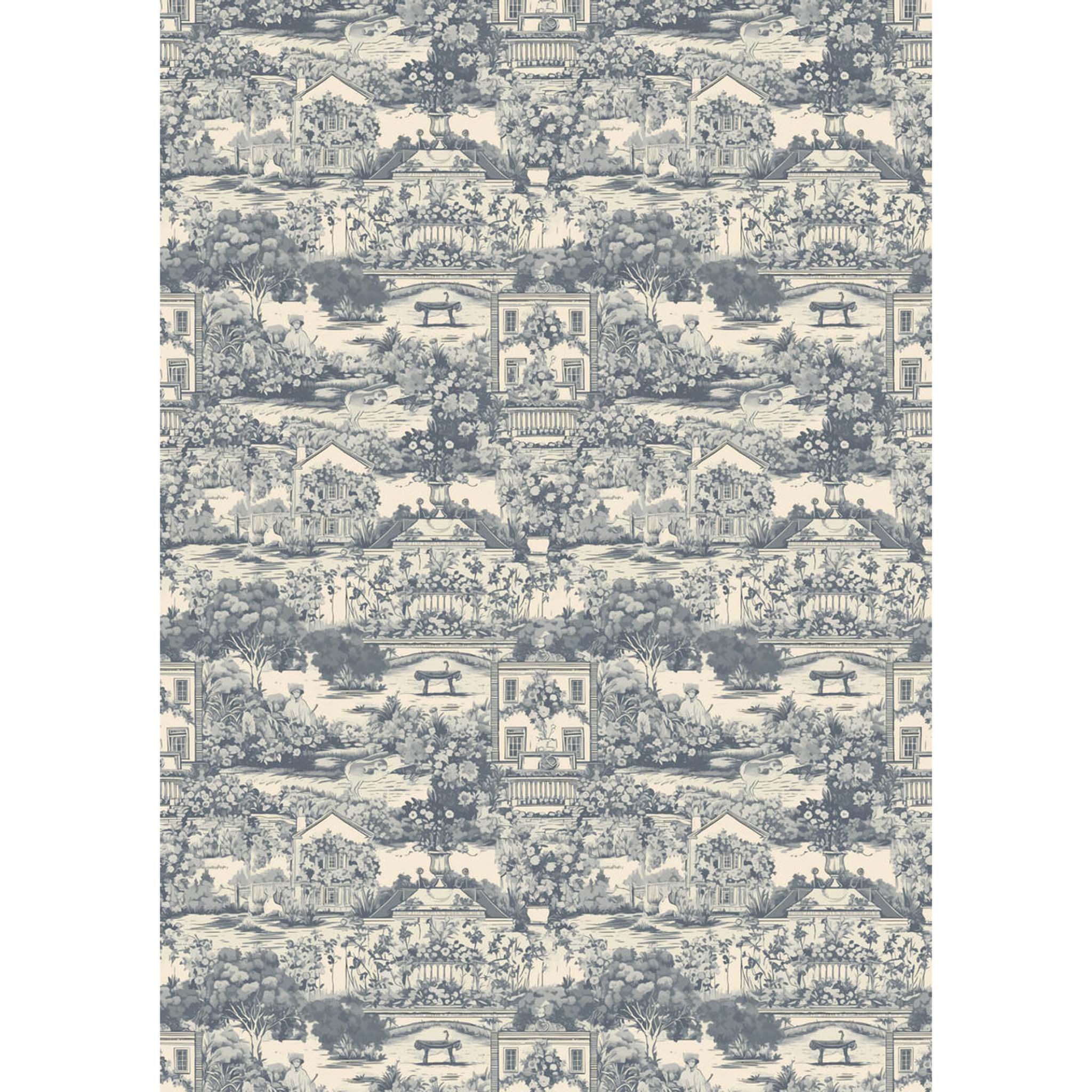 A3 rice paper that features a faded blue floral toile pattern with charming houses and gardens. White borders are on the sides.