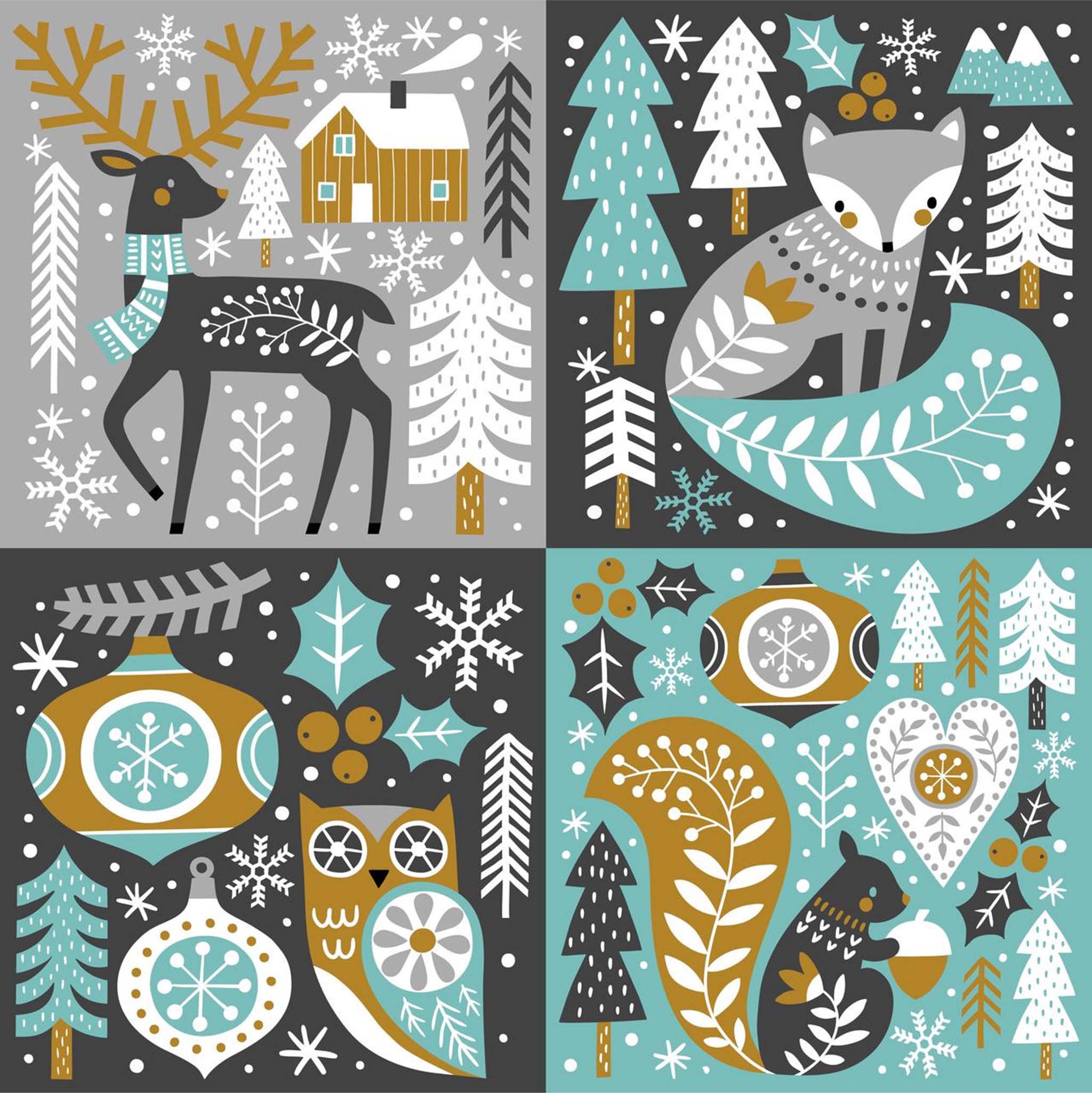 Rice paper that features whimsical winter-themed designs of charming images including an owl, deer, fox, and squirrel in charcoal, teal, and gold colors.
