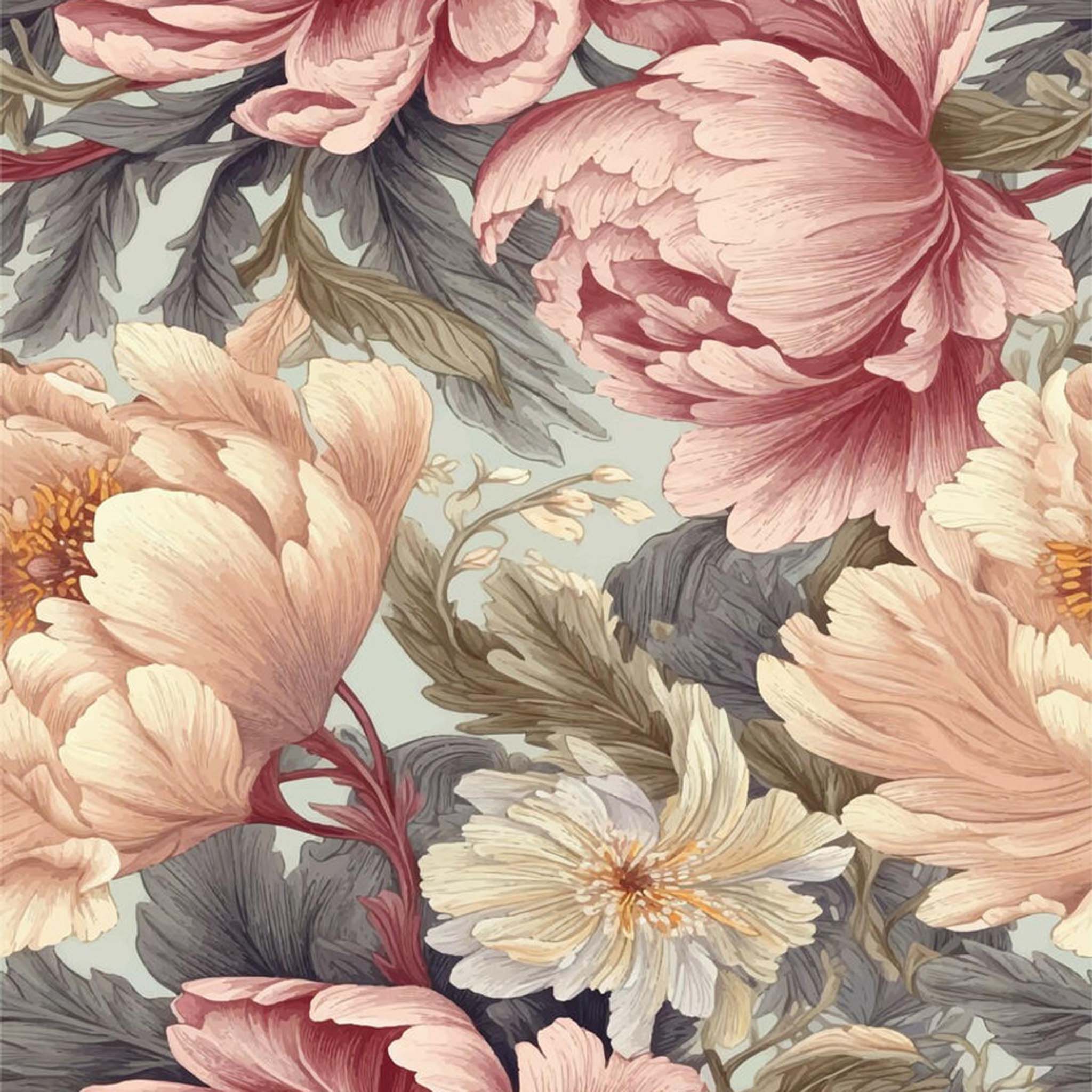 Close-up of an A1 rice paper design that features large peonies in shades of pink, cream, and blue on a pale blue background.