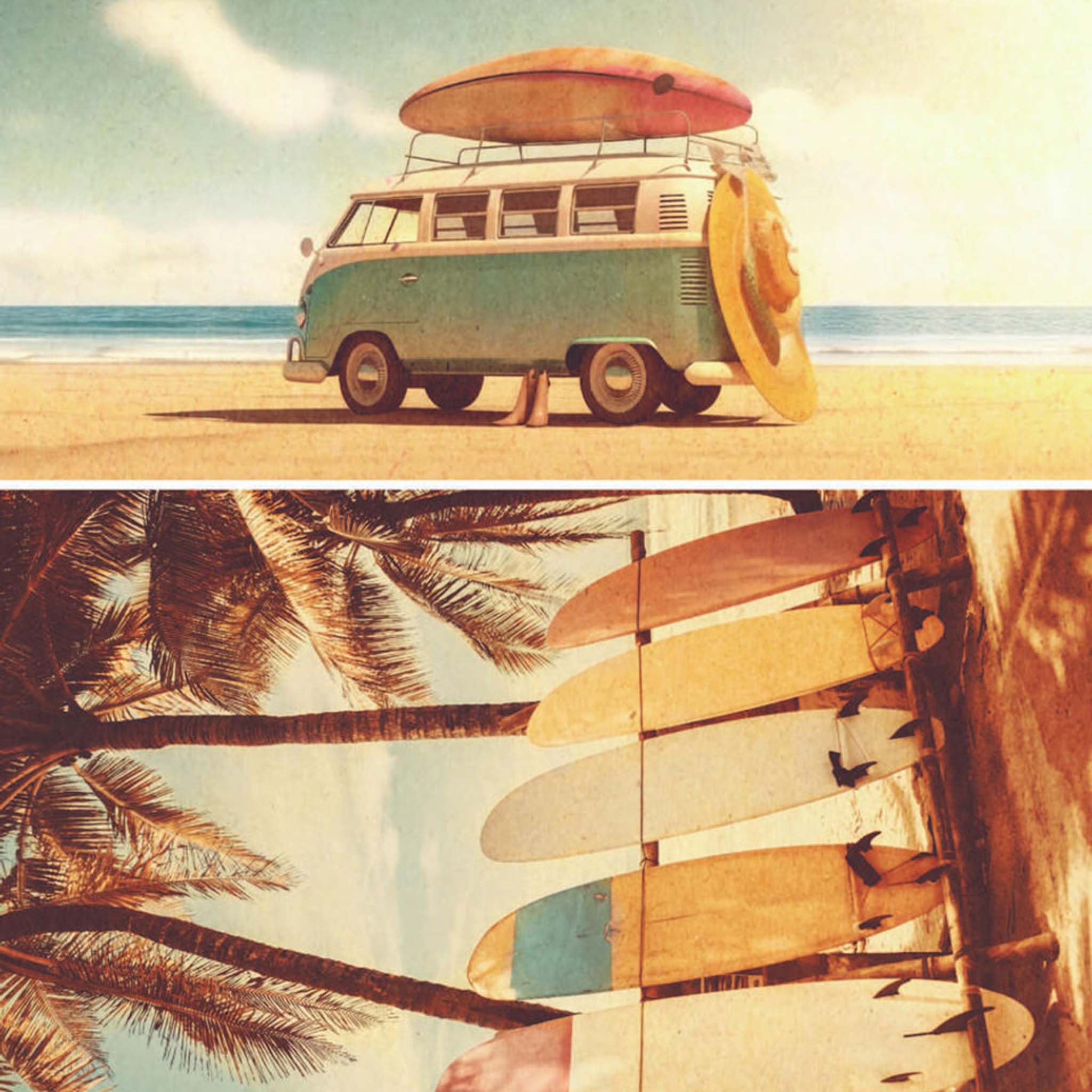 Close-up of an A1 rice paper design featuring two designs, a vintage van with a surfboard on top and surfboards by palm trees on the beach.