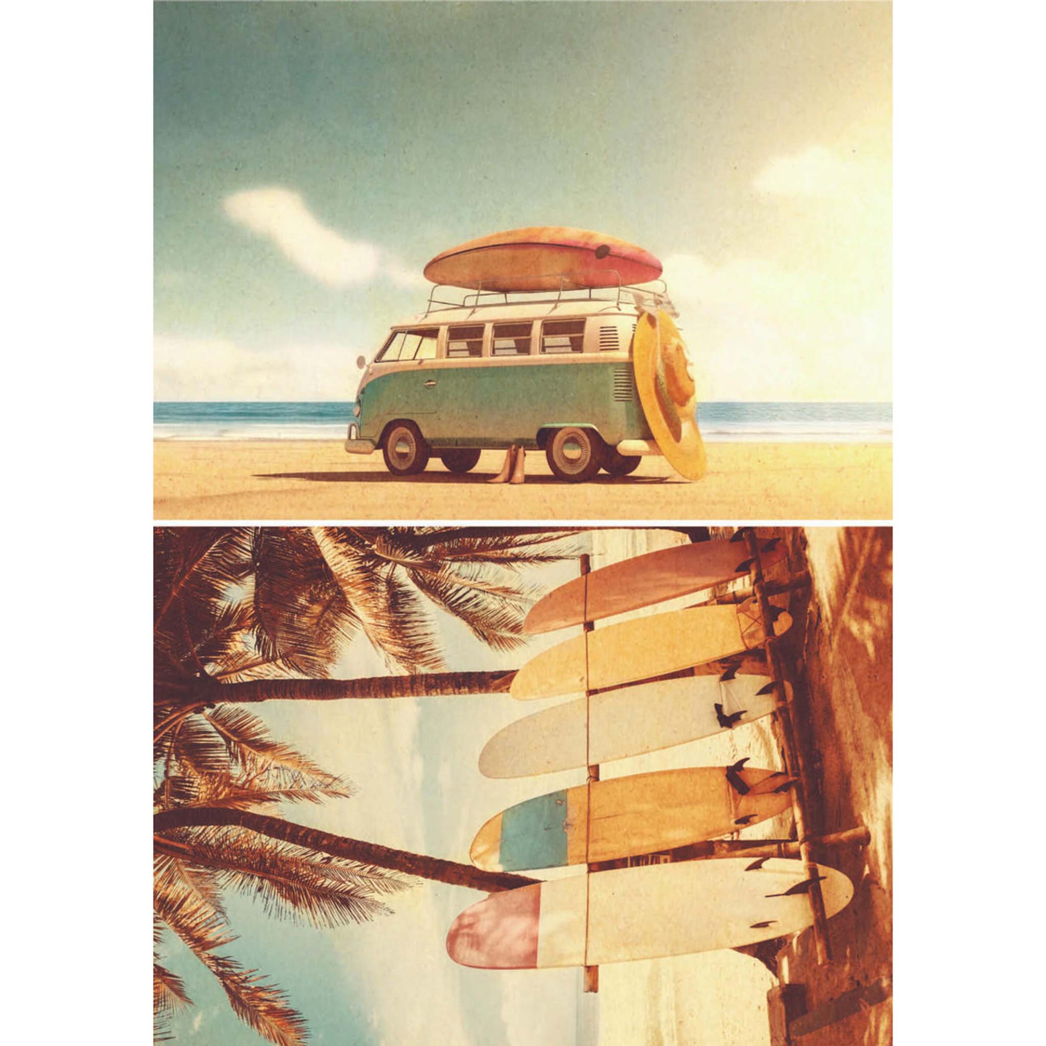 A1 rice paper design featuring two designs, a vintage van with a surfboard on top and surfboards by palm trees on the beach. White borders are on the sides.