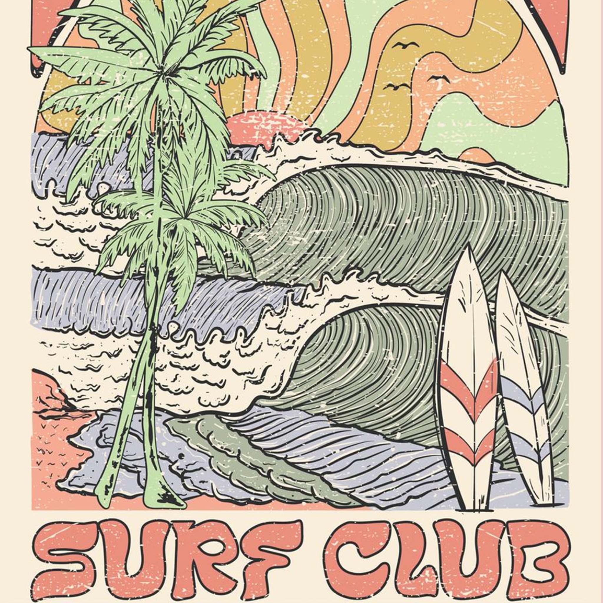 Close-up of an A4 rice paper design that features retro sunny vibes with a scene of waves, surfboards, and palm trees surrounded by the words 'sunshine surf club'. 