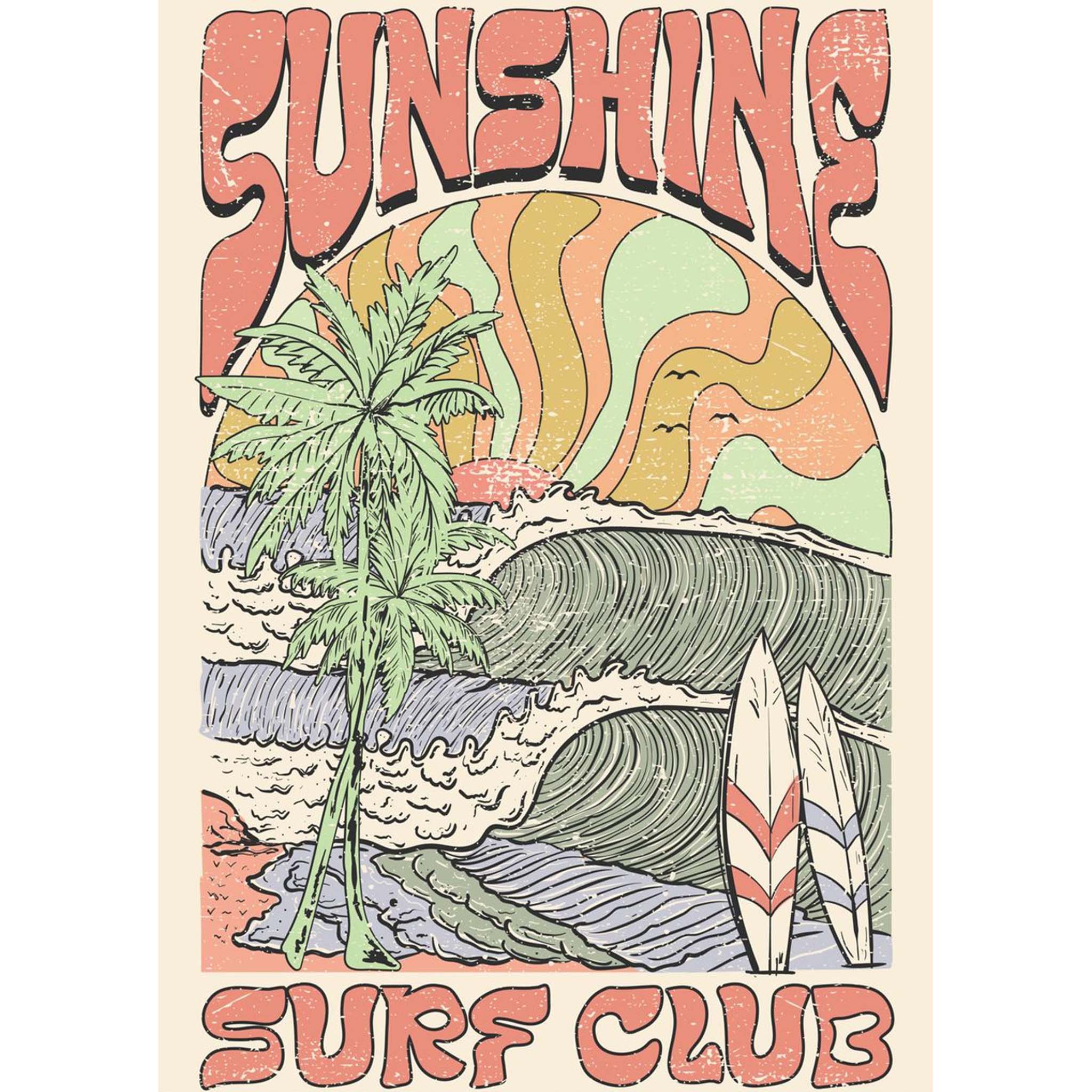 A4 rice paper design that features retro sunny vibes with a scene of waves, surfboards, and palm trees surrounded by the words 'sunshine surf club'. White borders are on the sides.