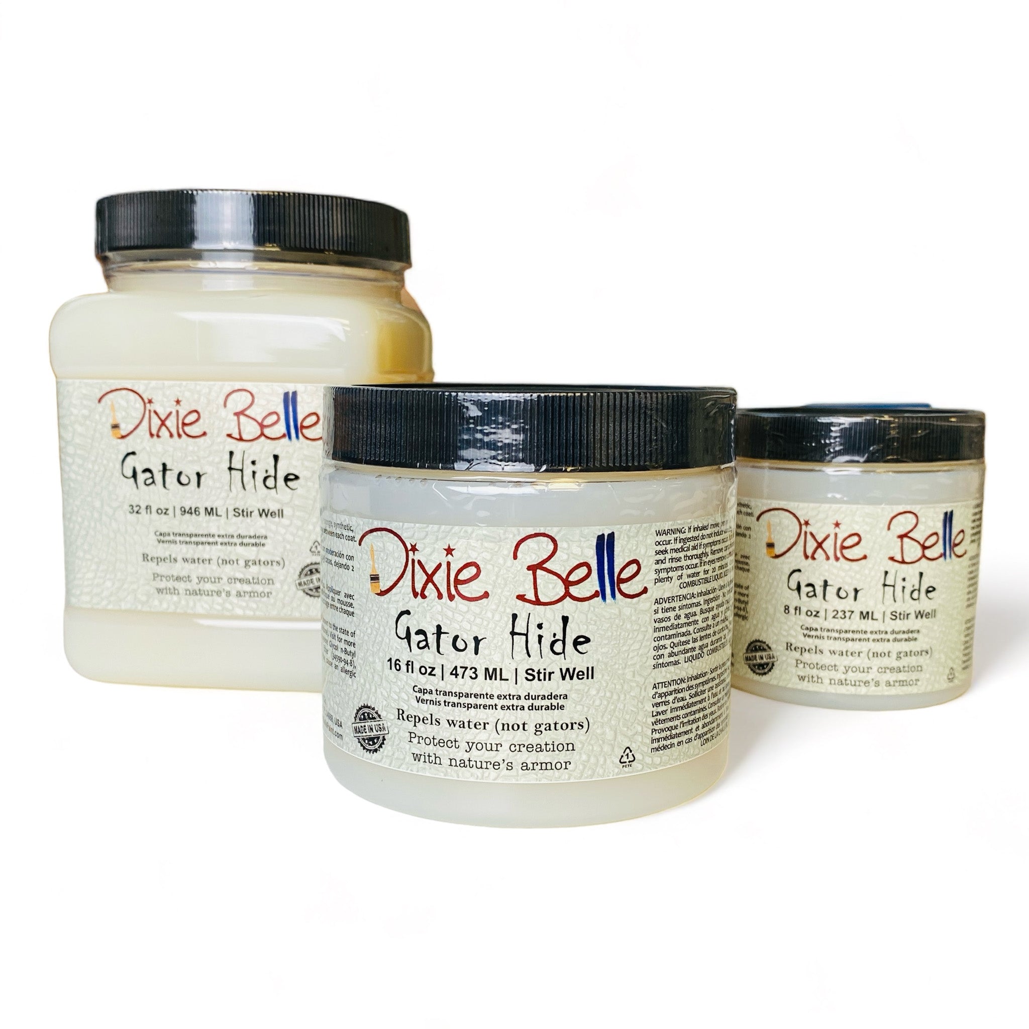 Three containers of Dixie Belle Paint Company's Gator Hide in 3 sizes (32, 16, and 8 fluid ounces) are against a white background.