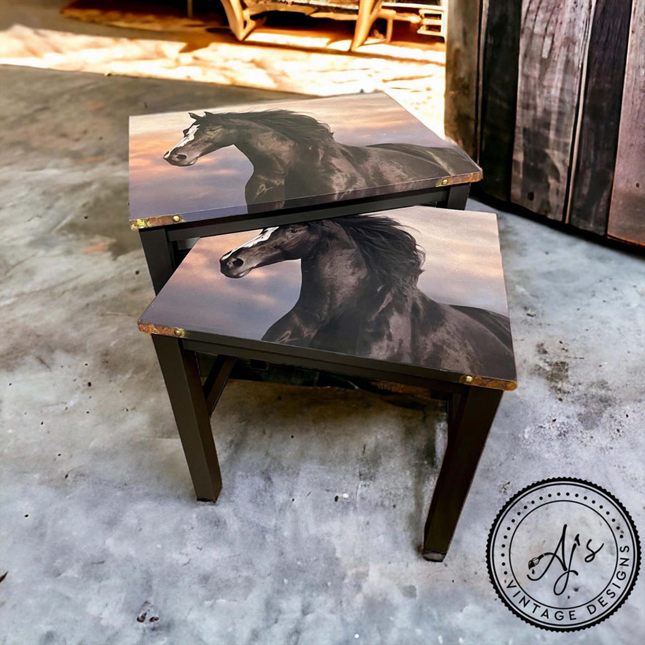 Two nesting side tables are painted black and features Belles & Whistles Majestic Horse A1 rice paper on them.