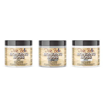 Three 16oz containers of Dixie Belle Paint Company's Bonding Boss in Clear, Gray, and White are against a white background.