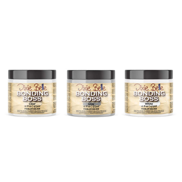 Three 16oz containers of Dixie Belle Paint Company's Bonding Boss in Clear, Gray, and White are against a white background.