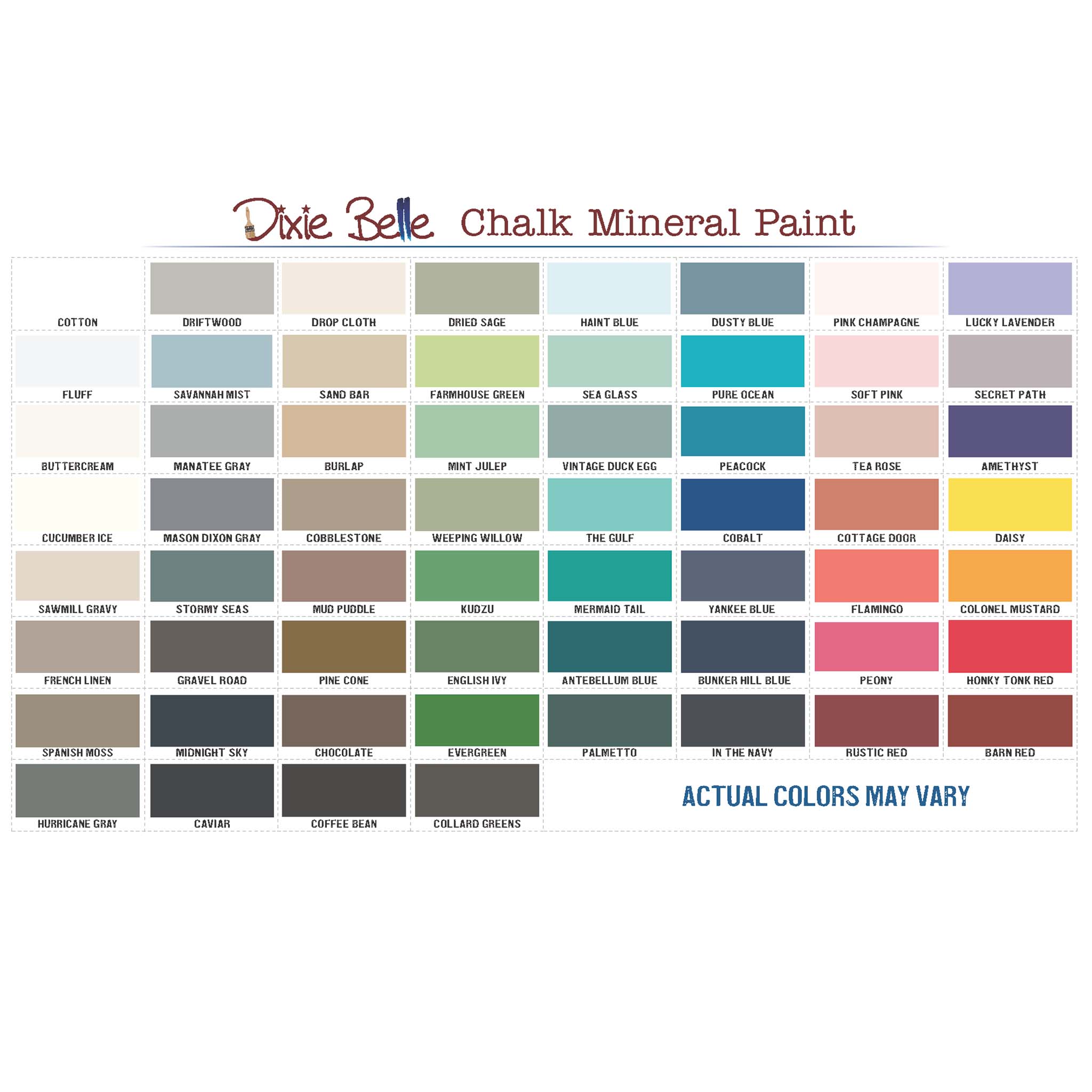 Dixie Belle Paint’s Chalk Mineral Paint chart is against a white background. 7 rows of 8 colors and 1 row of 4 colors create a total of 60 paint colors on this chart. Actual colors may vary.
