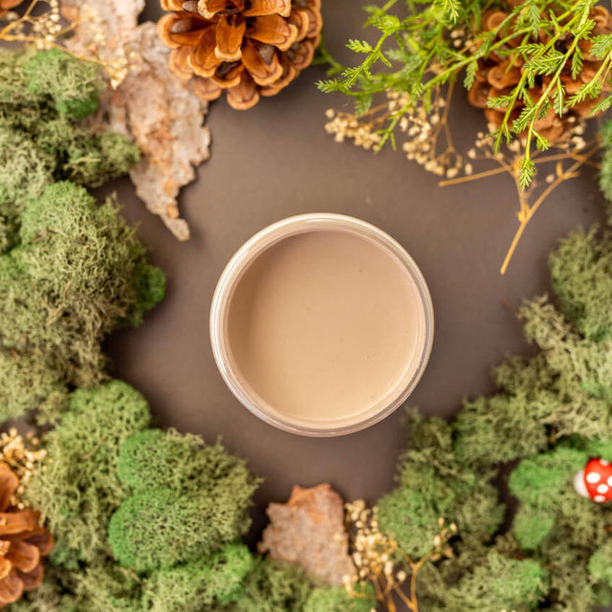 An arial view of an open container of Dixie Belle Paint Company's Cobblestone Chalk Mineral Paint is surrounded by green peat moss against a brown table.