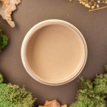 An arial view of an open container of Dixie Belle Paint Company's Cobblestone Chalk Mineral Paint is surrounded by green peat moss against a brown table.