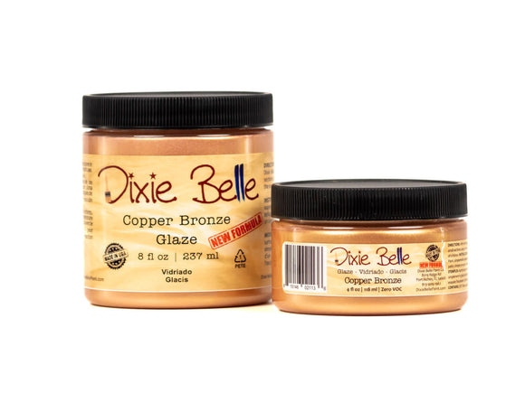A 4oz (118 ml) and 8oz (237 ml) container of Dixie Belles Copper Bronze Glaze is against a white background.
