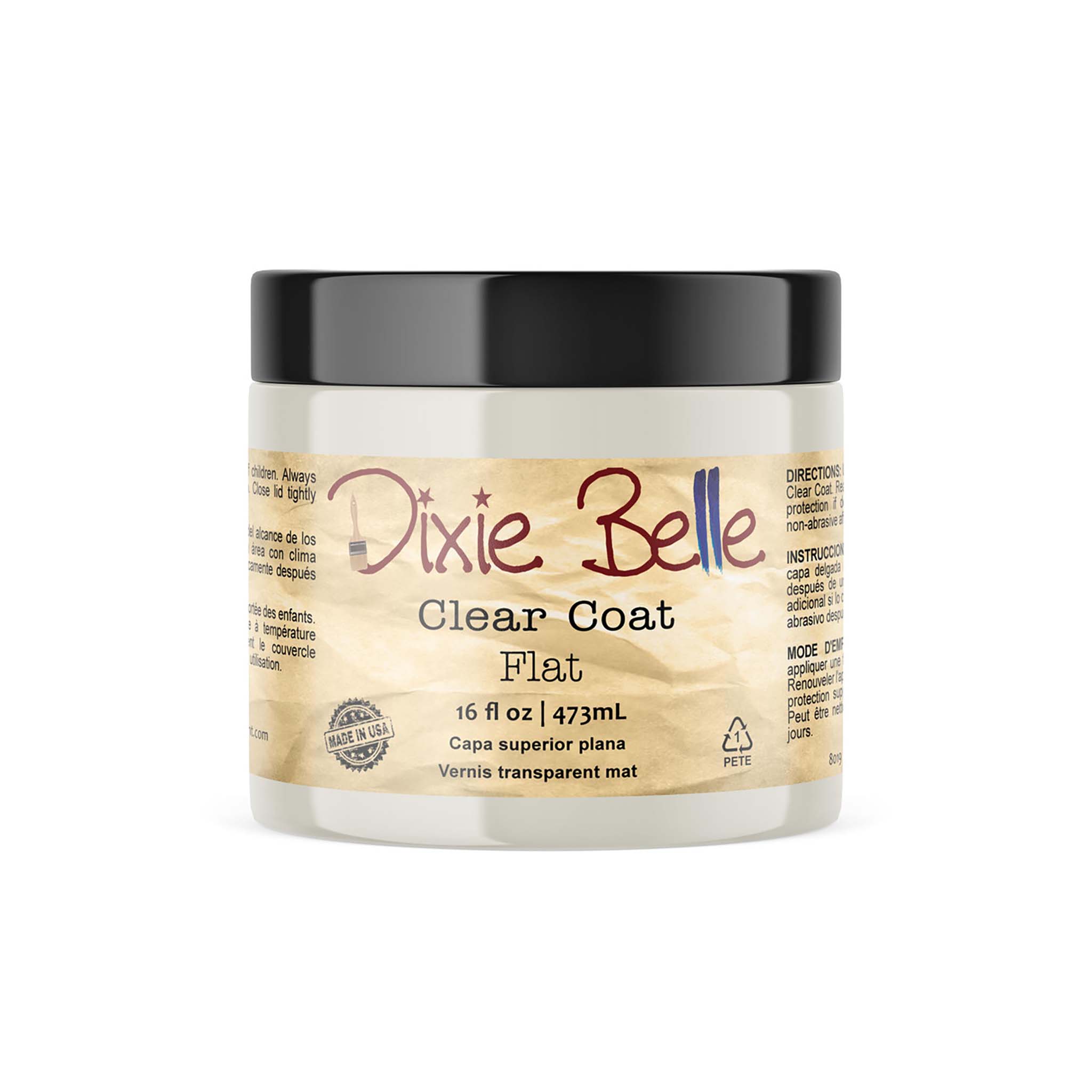 A 16 oz container of Dixie Belle's Clear Coat in flat finish is against a white background.