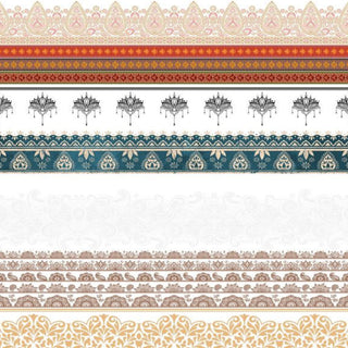 Close-up of a rub-on transfer of Bohemian style border accents in gold, brown, blush, teal, and rust.