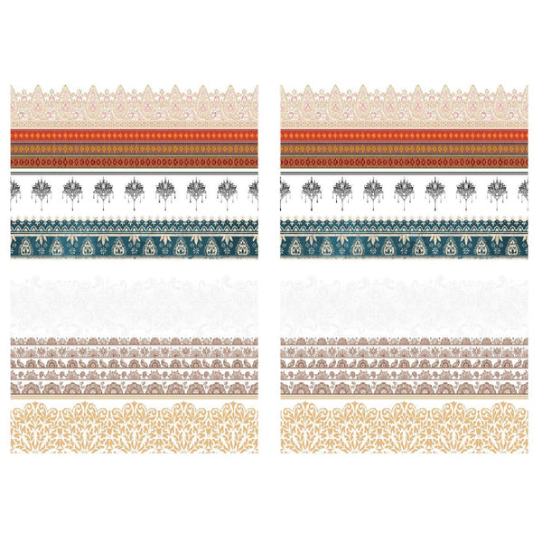Rub-on transfers of Bohemian style border accents in gold, brown, blush, teal, and rust.