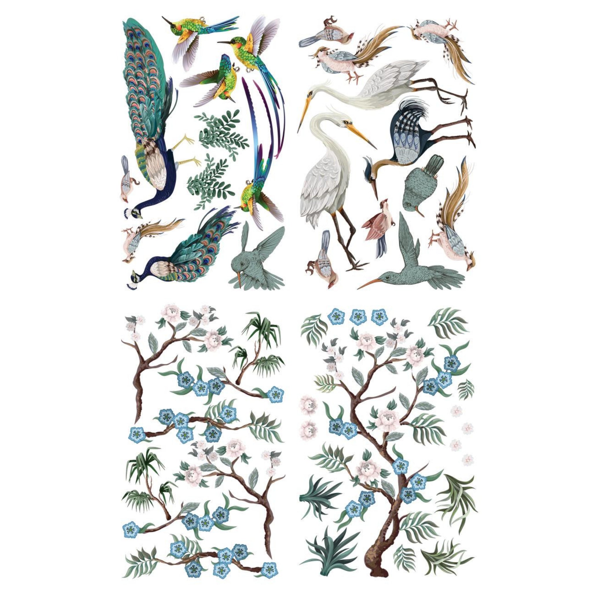 Four sheets of rub-on transfers against a white background. 2 sheets feature exotic birds - peacocks, storks, and humming birds; and 2 sheets of blue and white flowering trees.