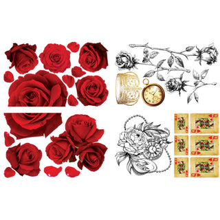 Rub-on transfer design that features large red roses, a golden crown, black and white sketched roses, and playing cards. 