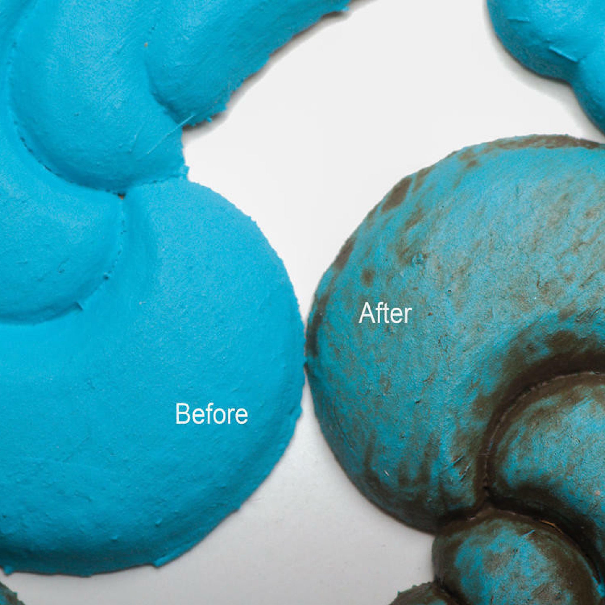 Close-up view of a turquoise colored silicone mould casting that shows the before and after use of Dixie Belle's Van Dyke Glaze.