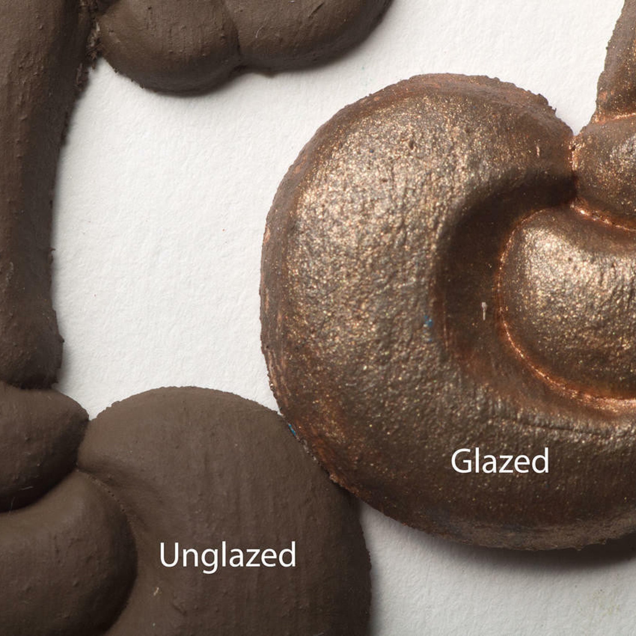 Close-up view of a brown colored silicone mould casting that shows the before and after use of Dixie Belle's Copper Bronze Glaze.