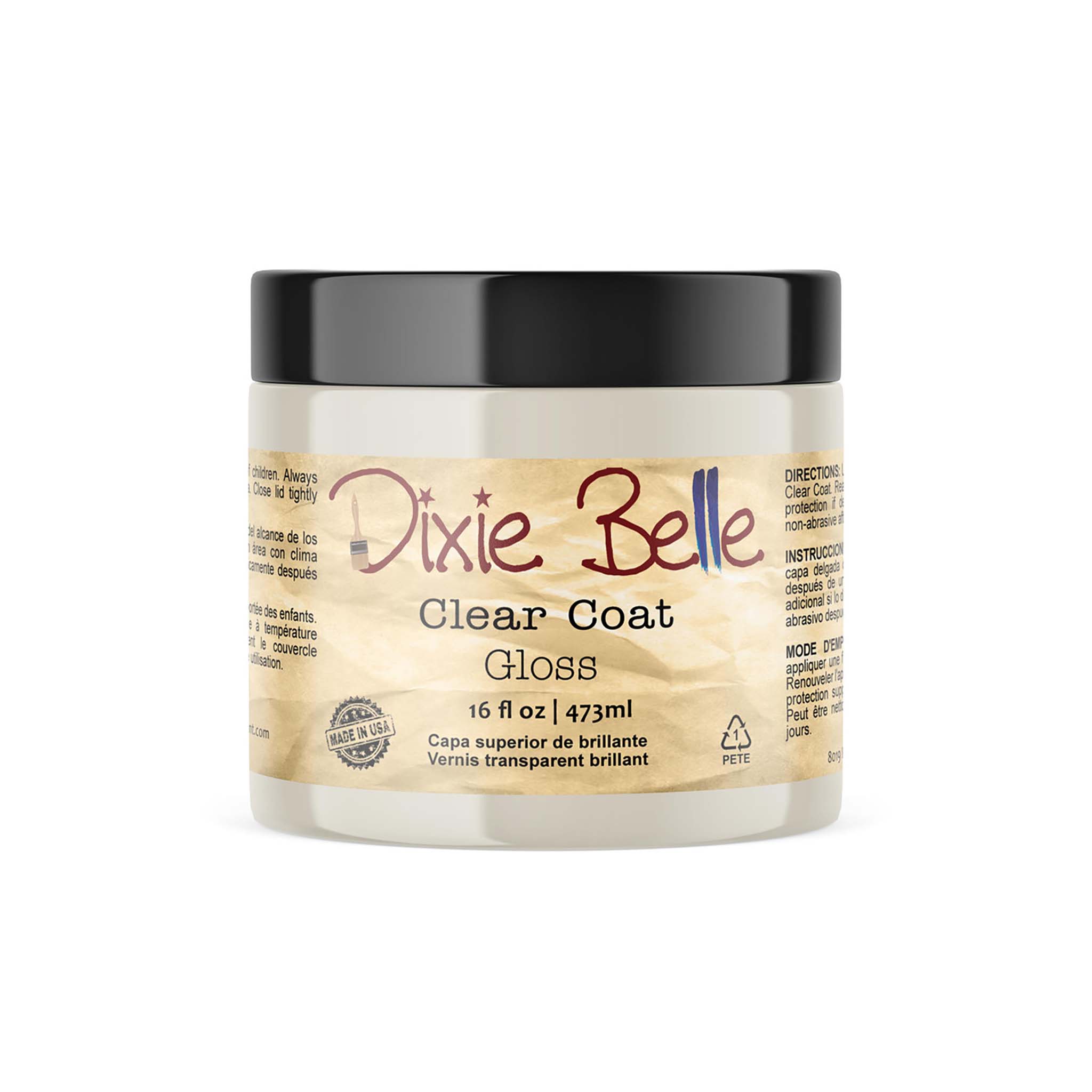 A 16 oz container of Dixie Belle's Clear Coat in gloss finish is against a white background.