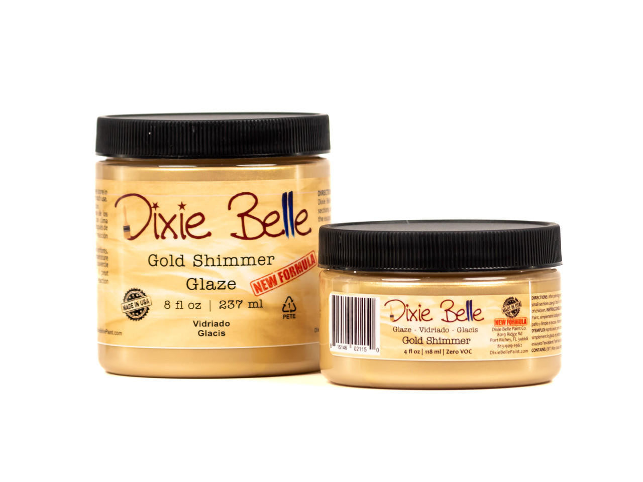 A 4oz (118 ml) and 8oz (237 ml) container of Dixie Belles Gold Shimmer Glaze is against a white background.