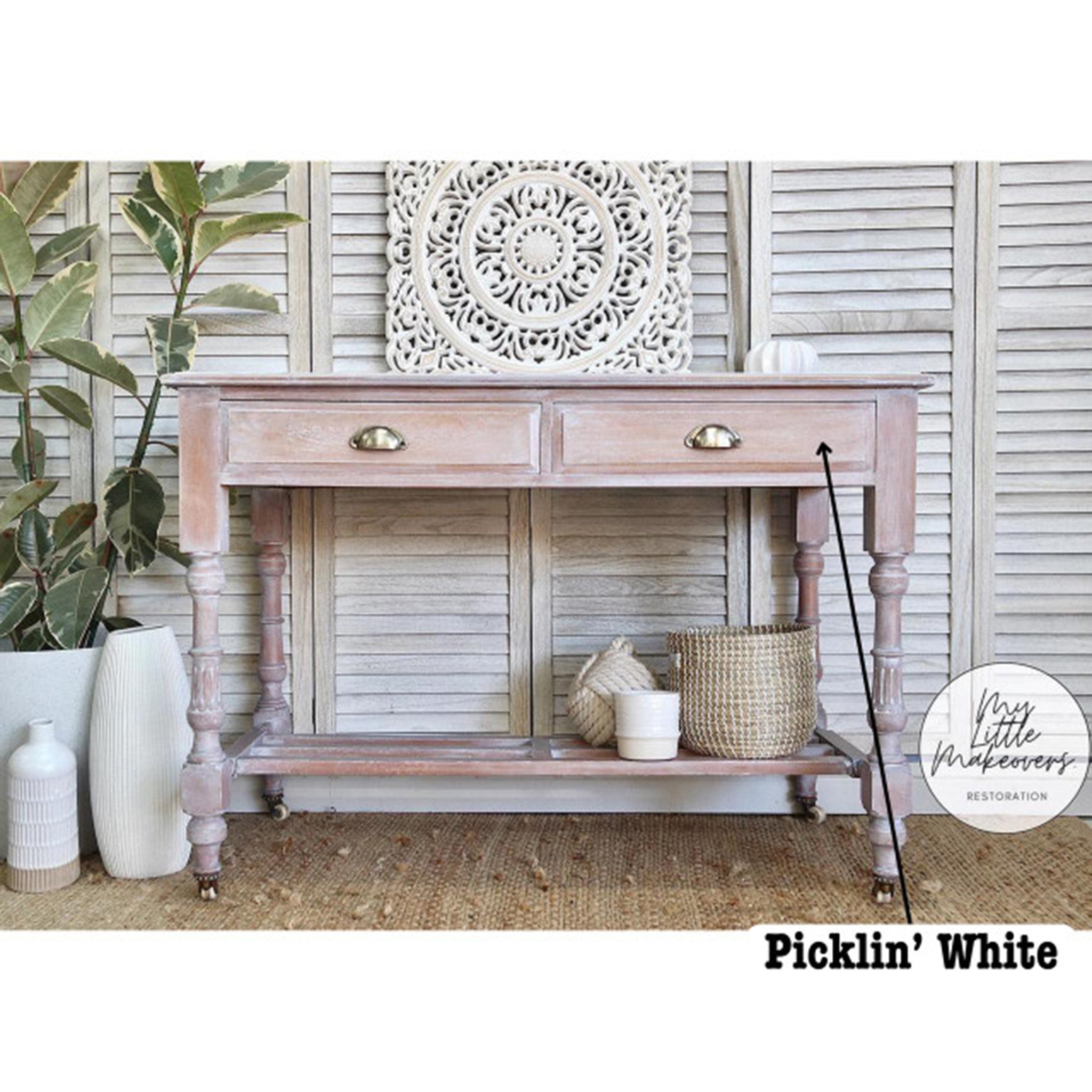 A vintage console table refurbished by my Little Makeovers Restoration features Dixie Belle Paint's no Pain Gel Stain in Picklin' White on it.