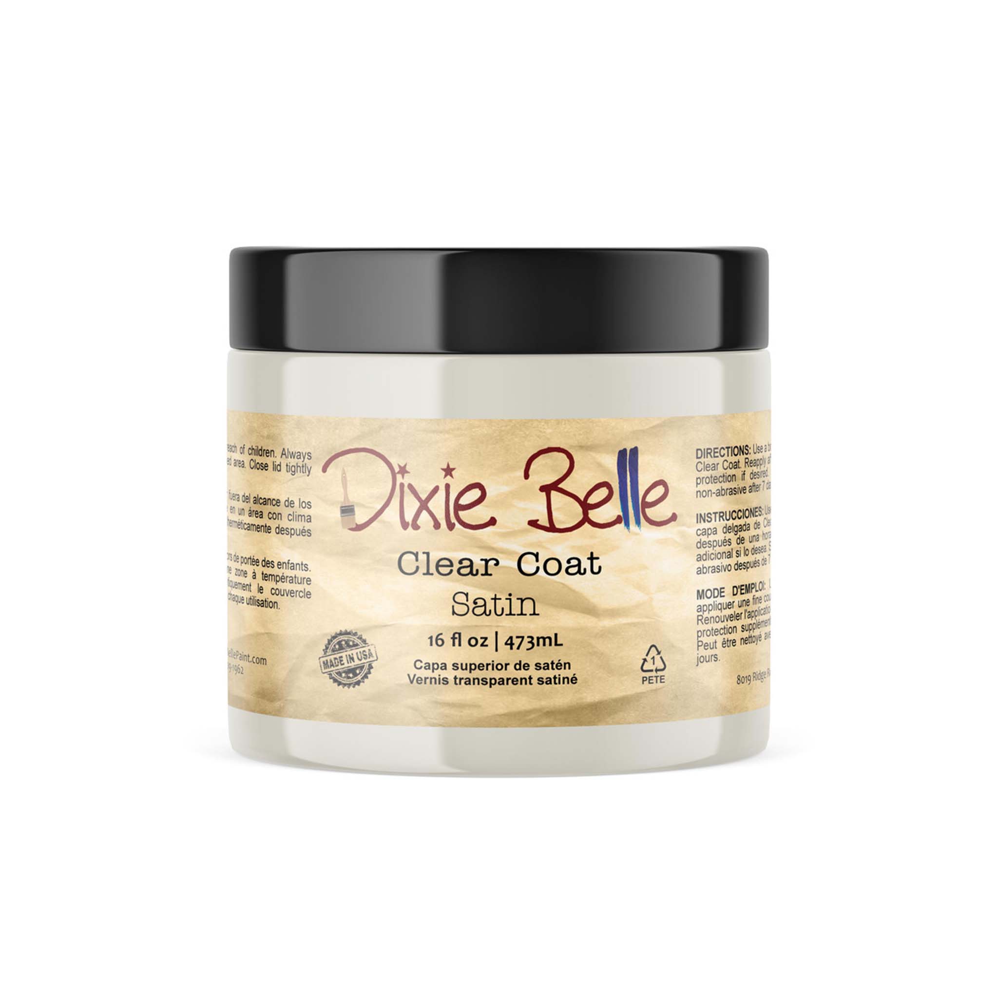 A 16 oz container of Dixie Belle's Clear Coat in satin finish is against a white background.