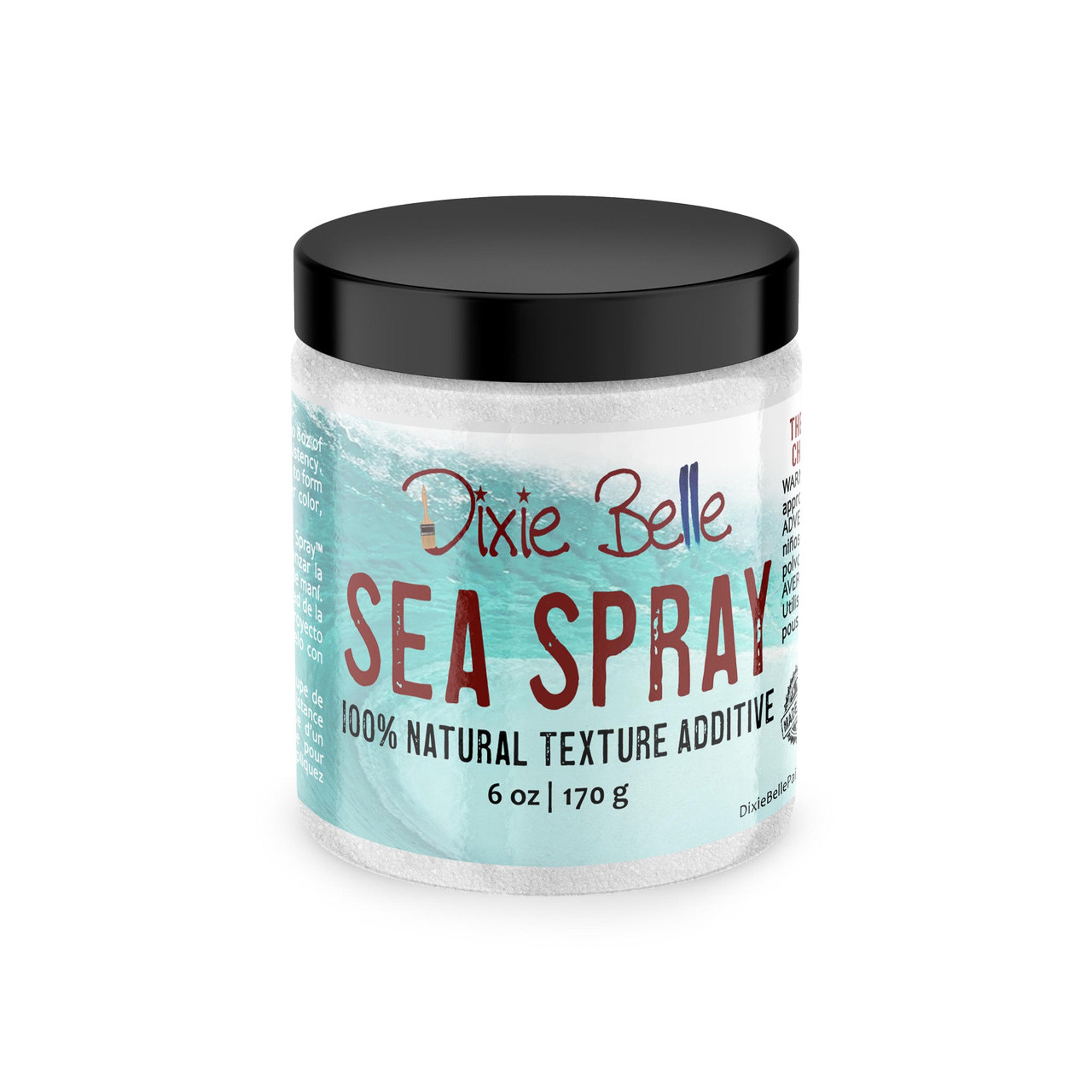 A 6oz/170g container of Dixie Belle Paint Company's Sea Spray Texture Powder, a 100% natural texture additive, is against a white background.