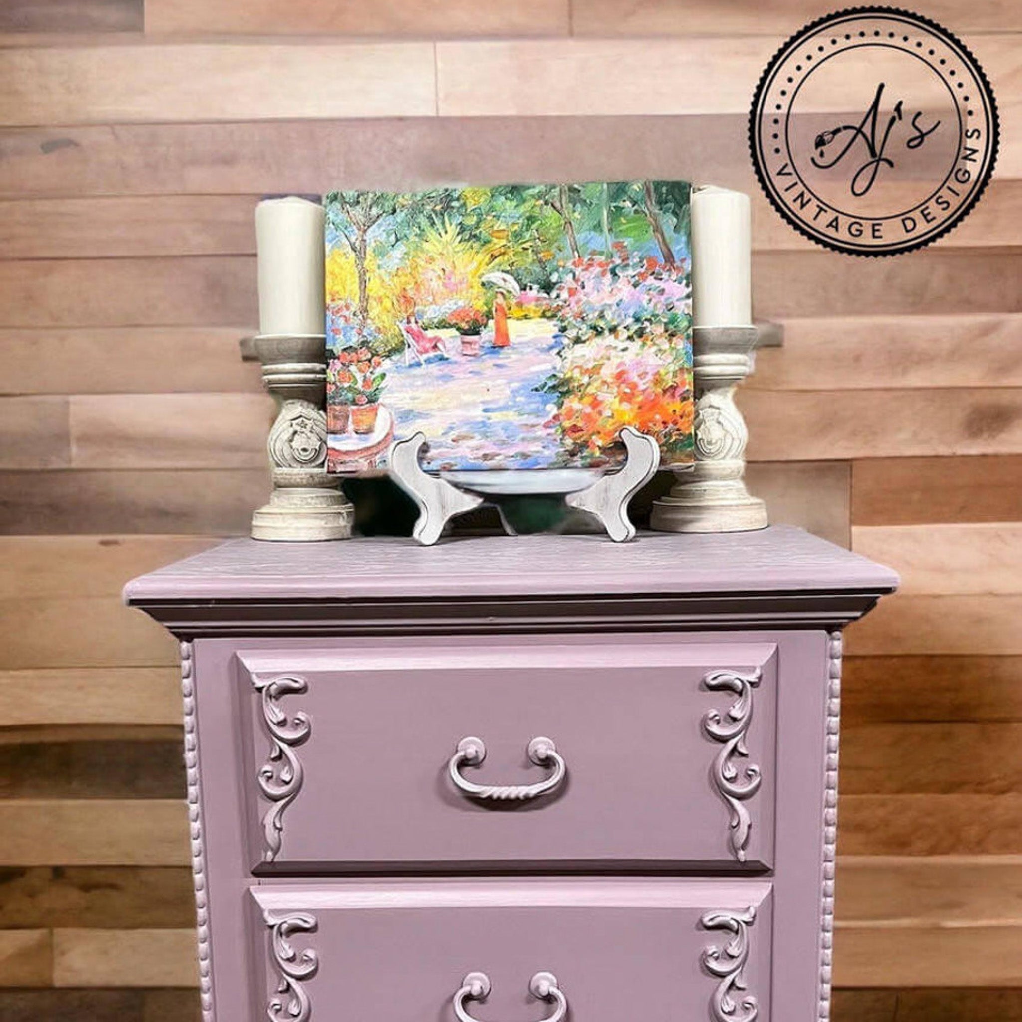 A vintage nightstand refurbished by Aj's Vintage Designs is painted in Dixie Belle's Secret Path chalk mineral paint.