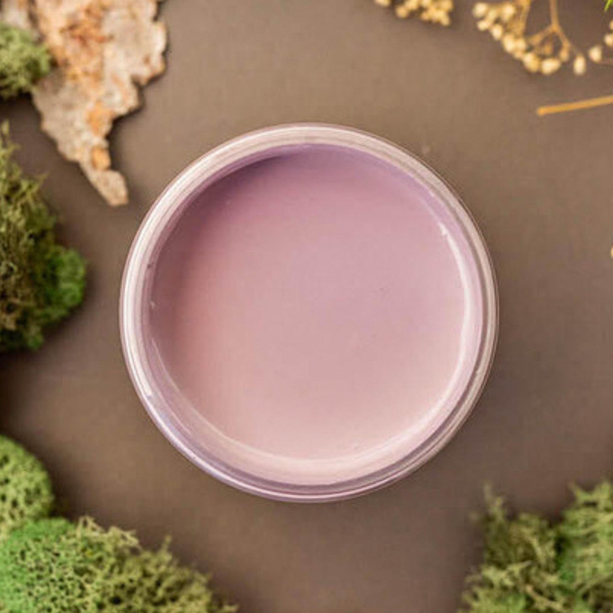 An arial view of an open container of Dixie Belle Paint Company’s Secret Path Chalk Mineral Paint is surrounded by green peat moss.