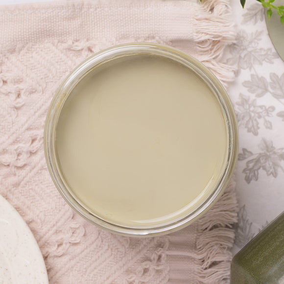 Jar of light green paint on a textured pink surface with a plant in the corner