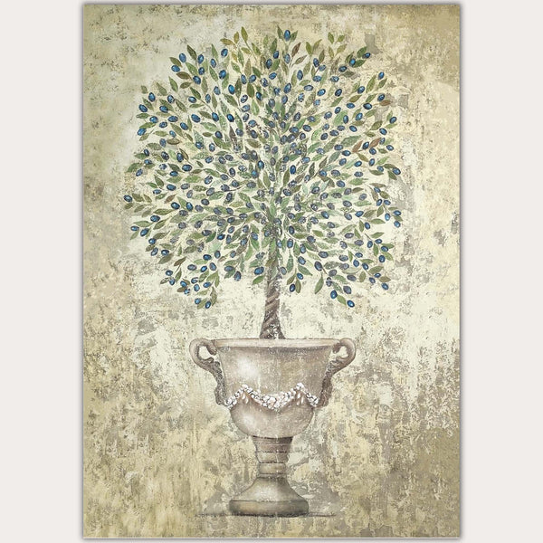 Decoupage paper design that features a faded painting of a Tuscan Olive tree in a large standing vase against a weathered plaster background. To the left and right are white borders.