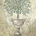 Close-up of a decoupage paper design that features a faded painting of a Tuscan Olive tree in a large standing vase against a weathered plaster background.