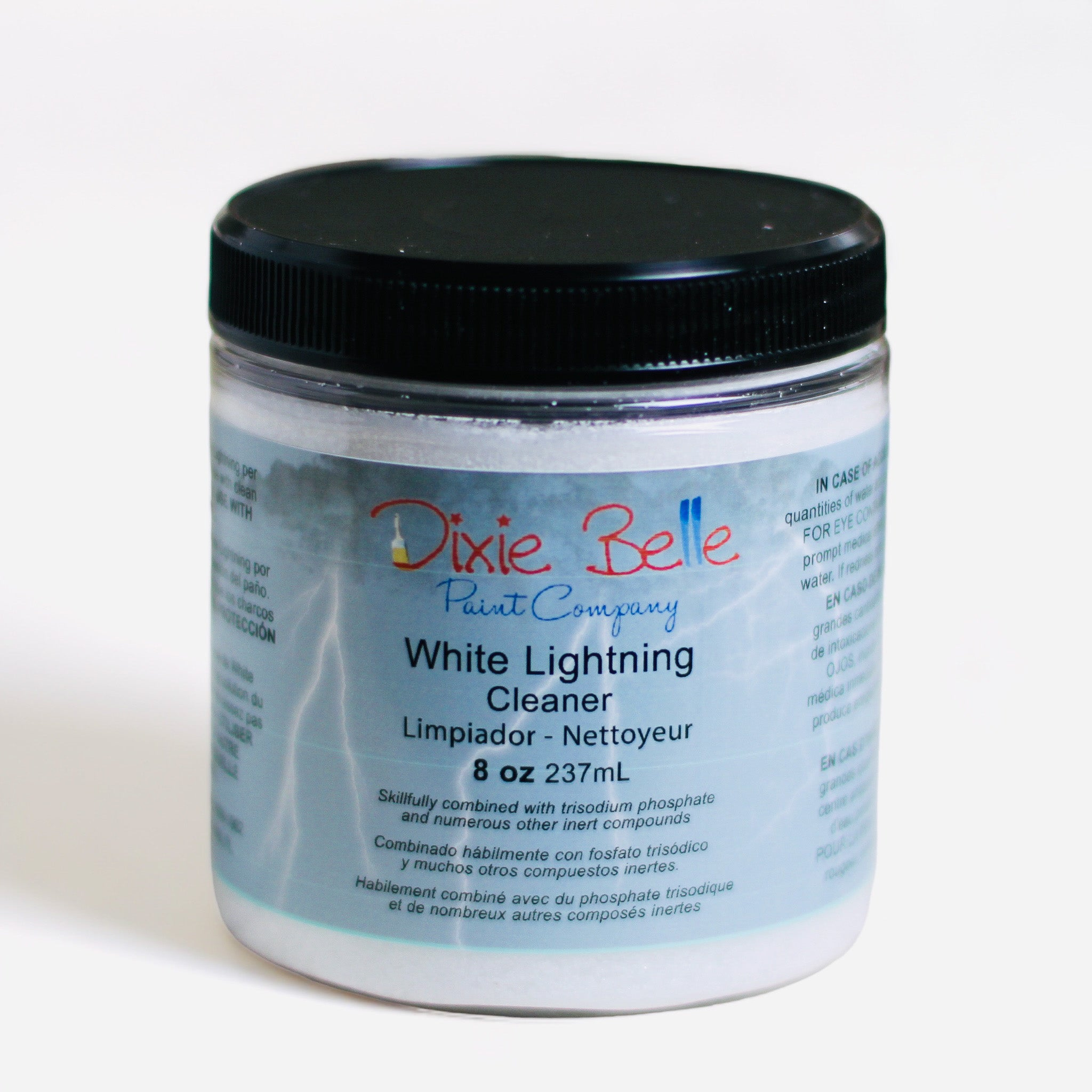 An 8oz container of Dixie Belle's White Lightning Cleaner is against a white background. This furniture cleaner will de-grease and remove all debris from your furniture, kitchen cabinets or whatever you want to paint. 