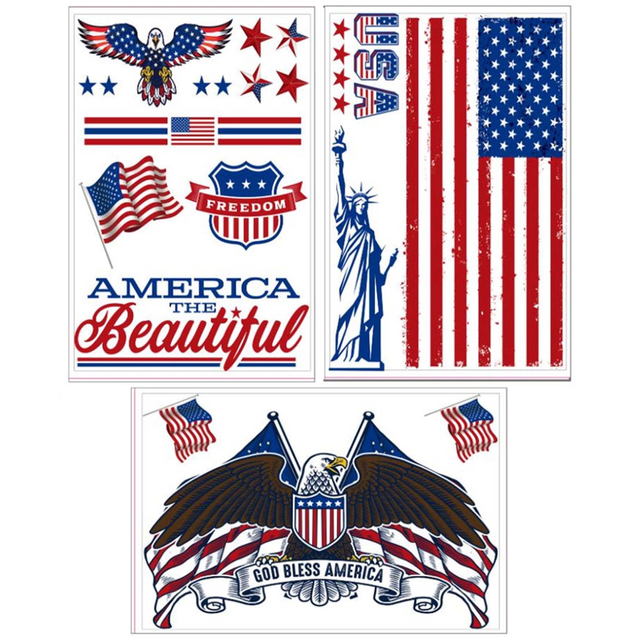 Three sheets of small rub-on transfers against a white background featuring 3 unique designs, including American flags, the Statue of Liberty, bald eagles, and patriotic quotes, all in red, white, and blue. 