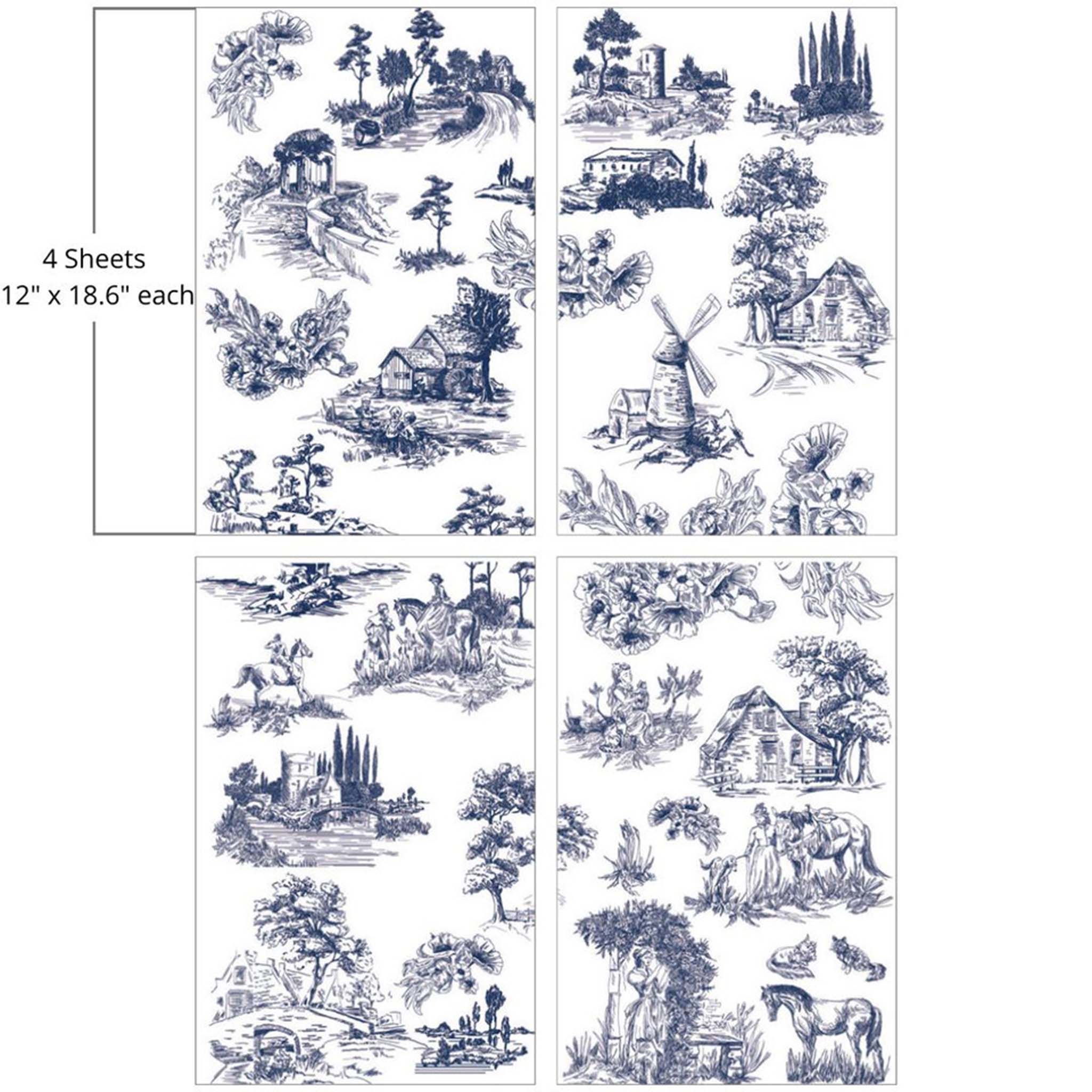 Four sheets of Belles & Whistles' Cottage Toile rub-on transfer are against a white background. Measurements for 1 sheet reads: 12" x 18.6".