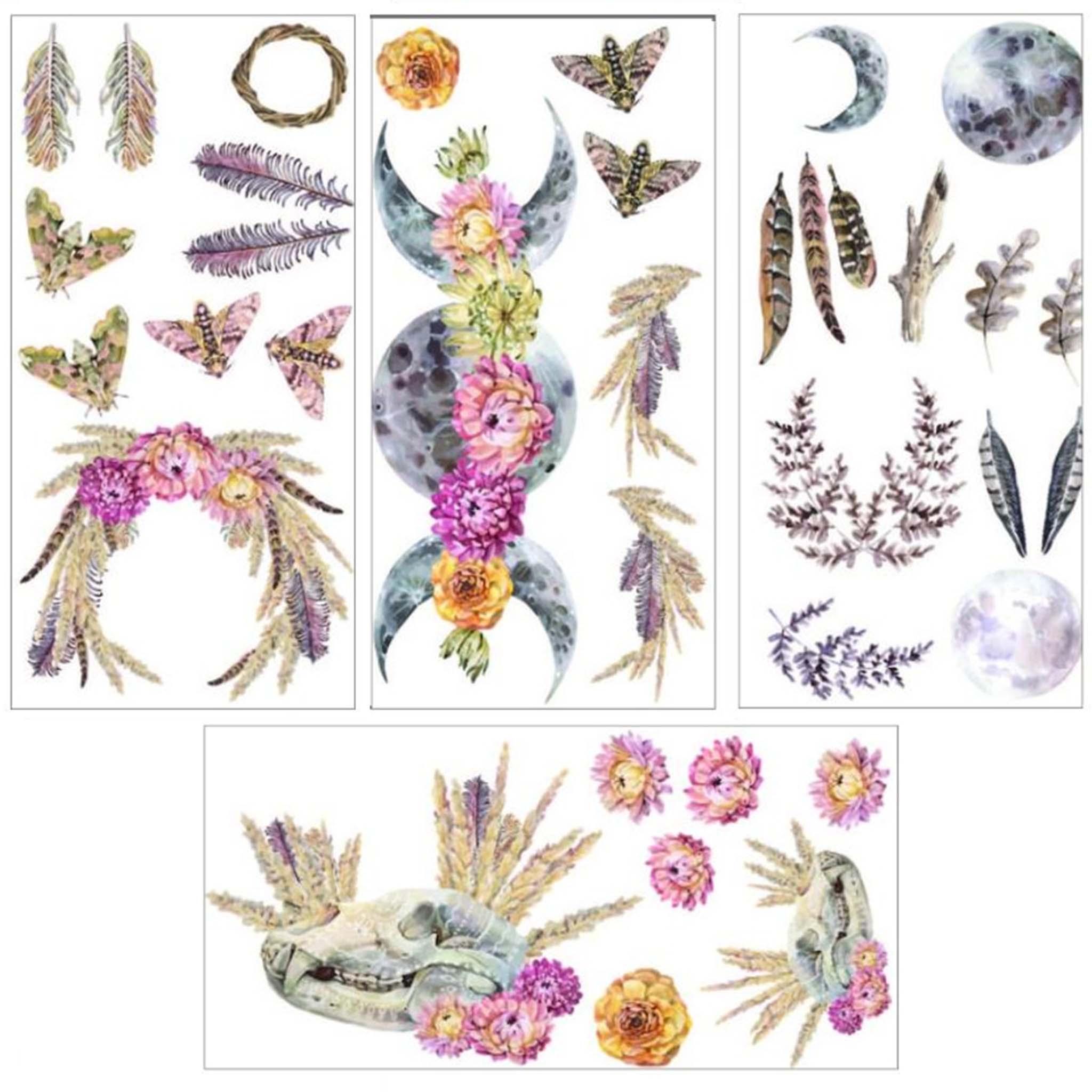 Four sheets of small rub-on transfers that feature featuring flowers, feathers, moons, and more are against a white background.