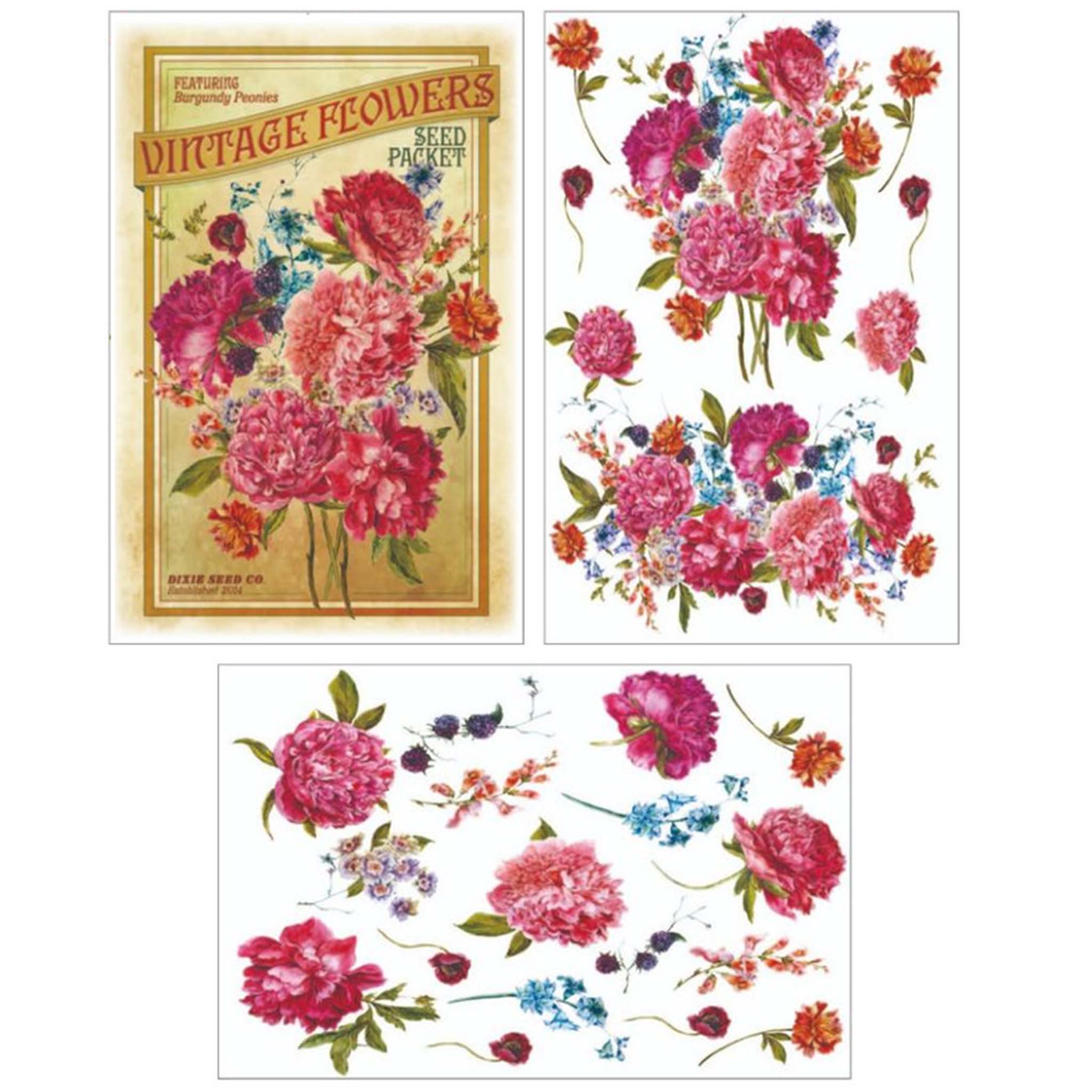 Three sheets of small rub-on transfers against a white background feature  a vintage seed packet of large pink, rust, blue, and purple flower clusters.