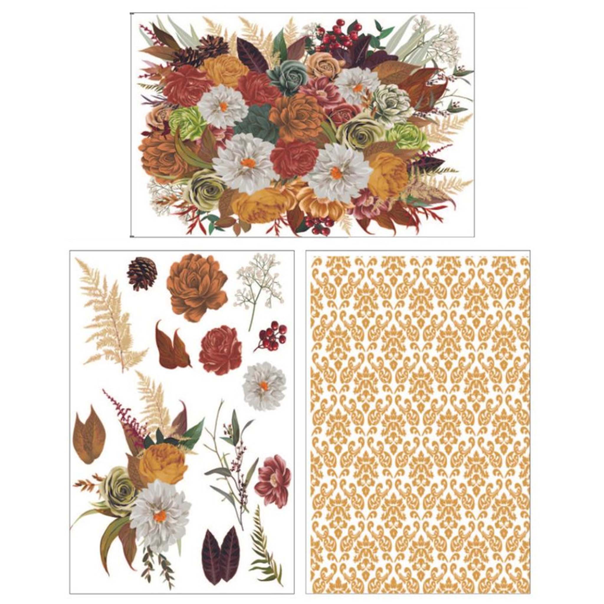 Three sheets of small rub-on transfers against a white background feature a stunning golden brocade pattern on one sheet, as well as earthy shades of large floral arrangements and individual flowers on the others sheets.